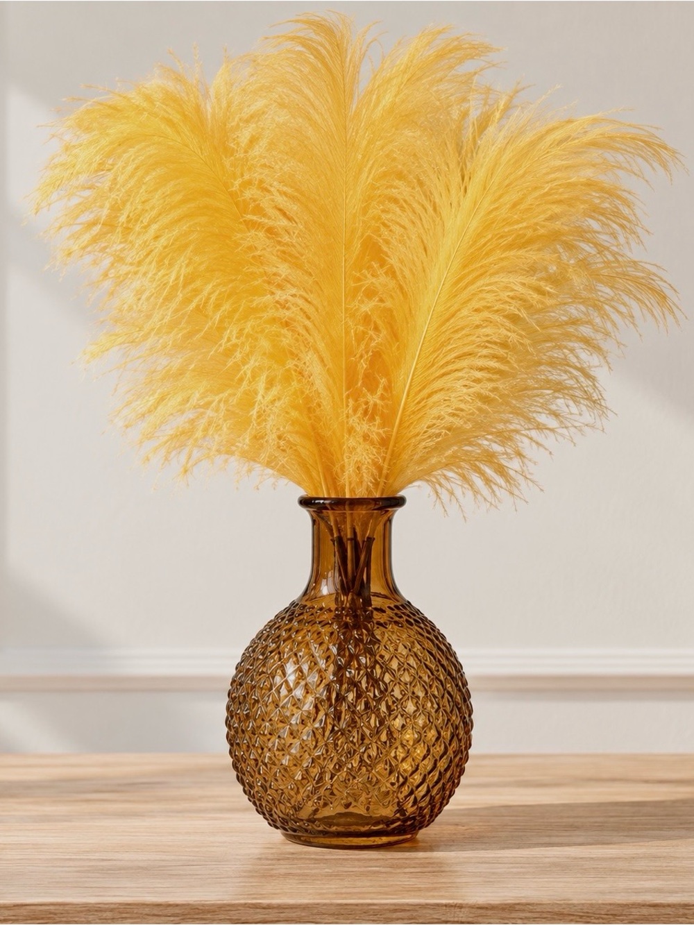 Amber Glass Vase with Yellow Feather Arrangement 13” Boho Decor